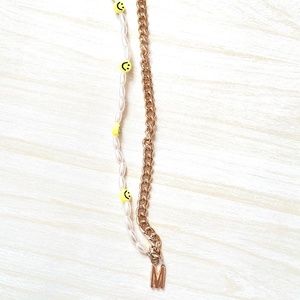 Smiley Face Necklace Half Pearl Bead and Smiley faces, Half Gold Chain M initial